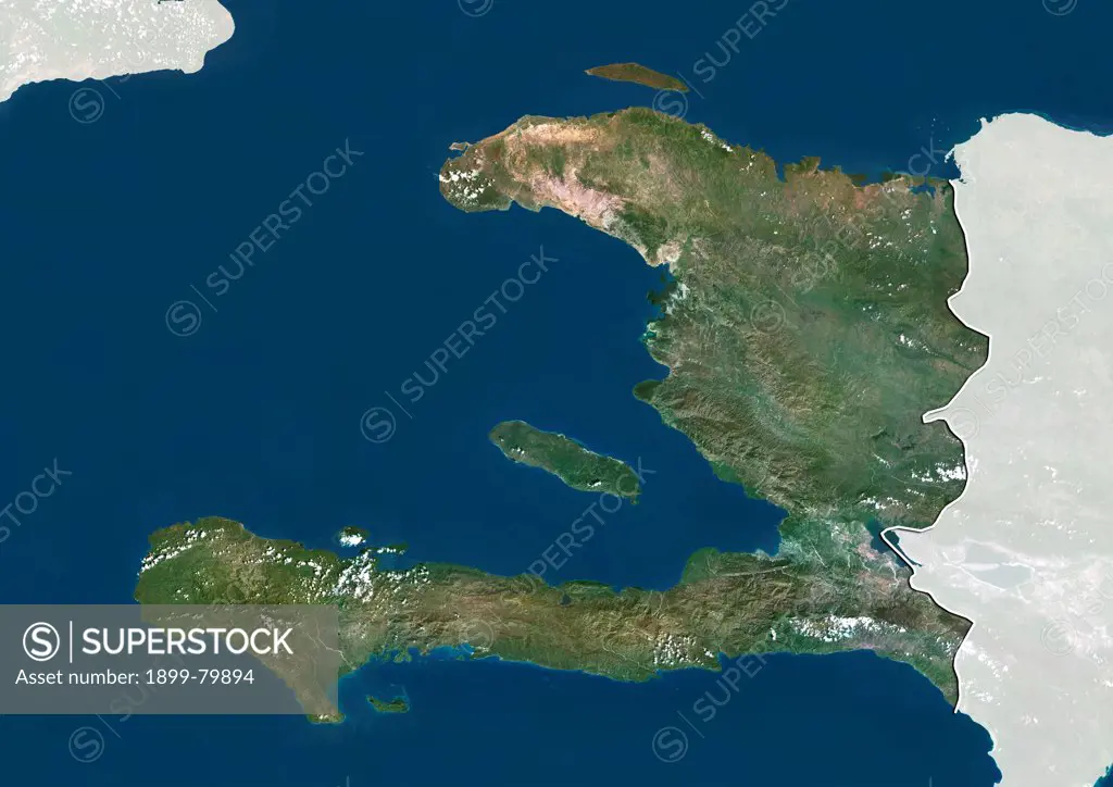 Satellite view of Haiti (with border and mask). This image was compiled from data acquired by LANDSAT 5 & 7 satellites.
