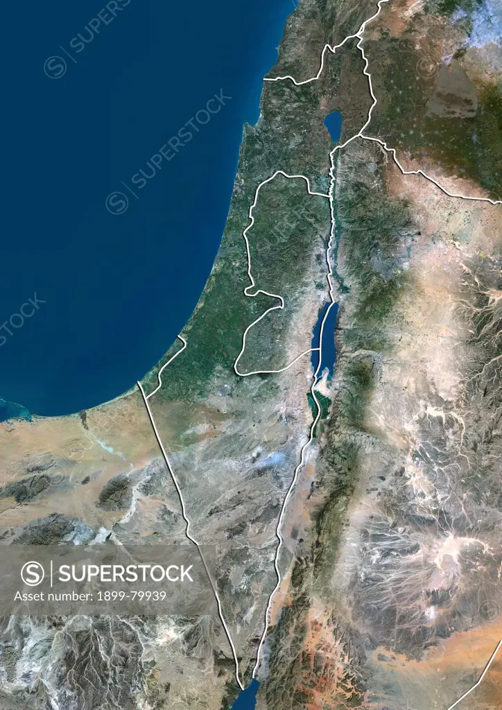 Satellite view of Israel (with border). This image was compiled from data acquired by LANDSAT 5 & 7 satellites.
