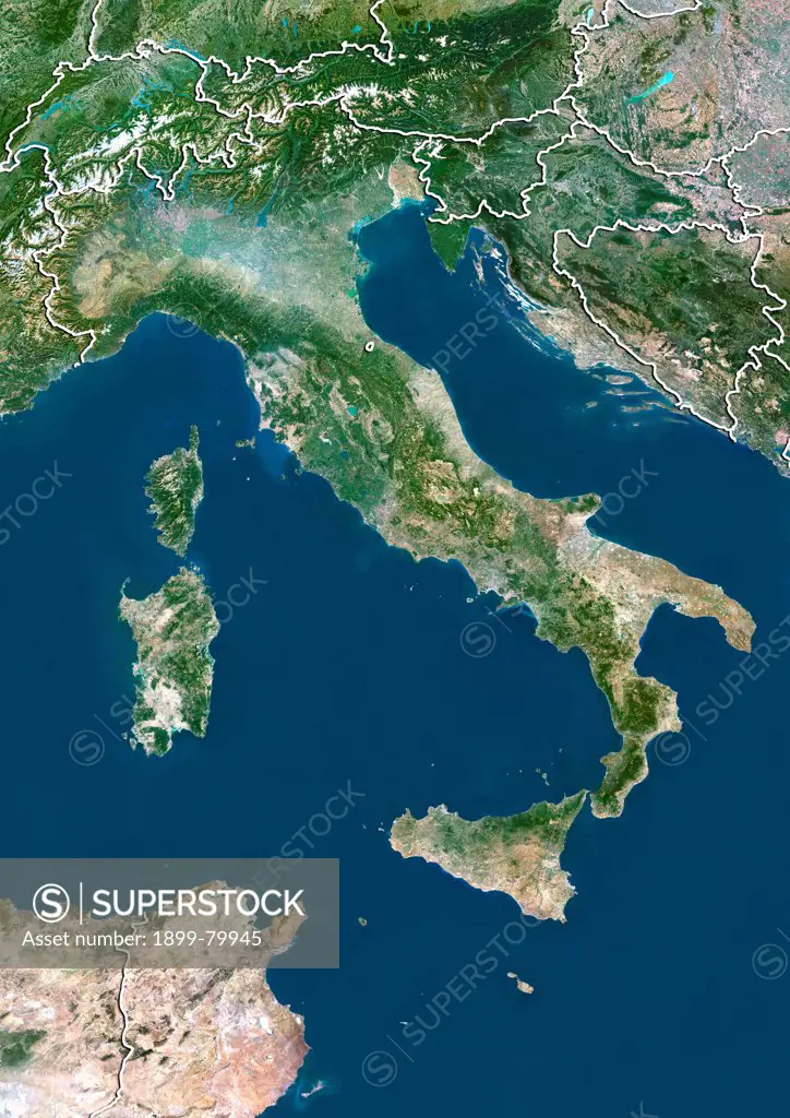 Satellite view of Italy (with border). This image was compiled from data acquired by LANDSAT 5 & 7 satellites.