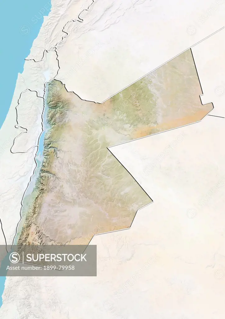Relief map of Jordan (with border and mask). This image was compiled from data acquired by landsat 5 & 7 satellites combined with elevation data.