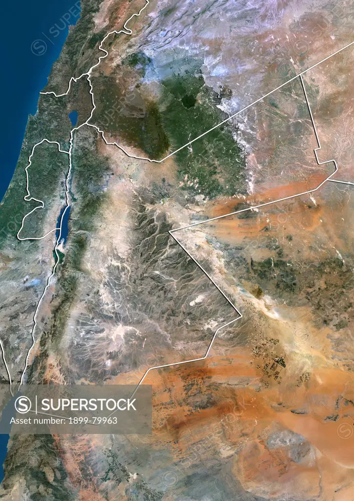 Satellite view of Jordan (with border). This image was compiled from data acquired by LANDSAT 5 & 7 satellites.