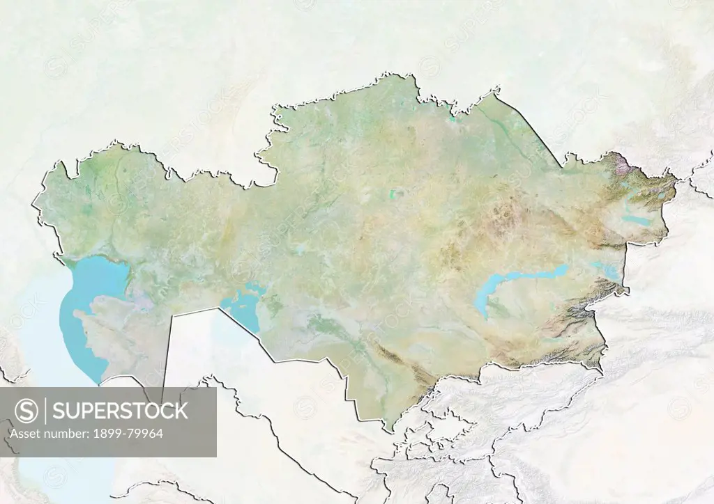 Relief map of Kazakhstan (with border and mask). This image was compiled from data acquired by landsat 5 & 7 satellites combined with elevation data.