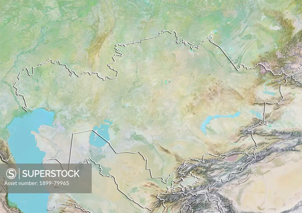 Relief map of Kazakhstan (with border). This image was compiled from data acquired by LANDSAT 5 & 7 satellites combined with elevation data.