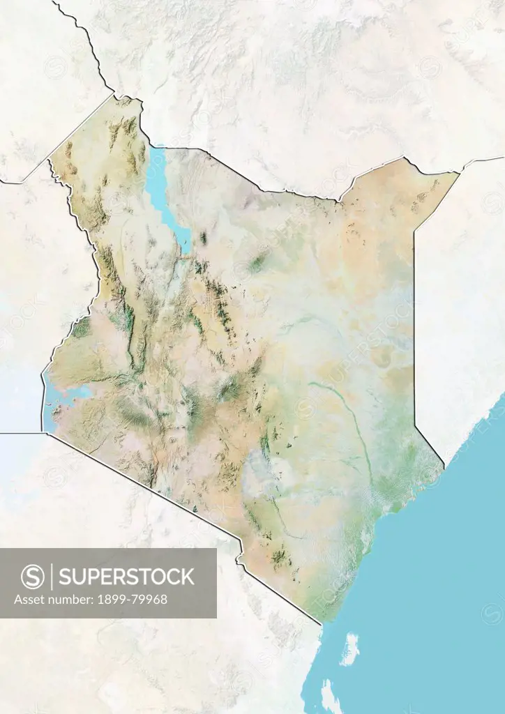 Relief map of Kenya (with border and mask). This image was compiled from data acquired by landsat 5 & 7 satellites combined with elevation data.