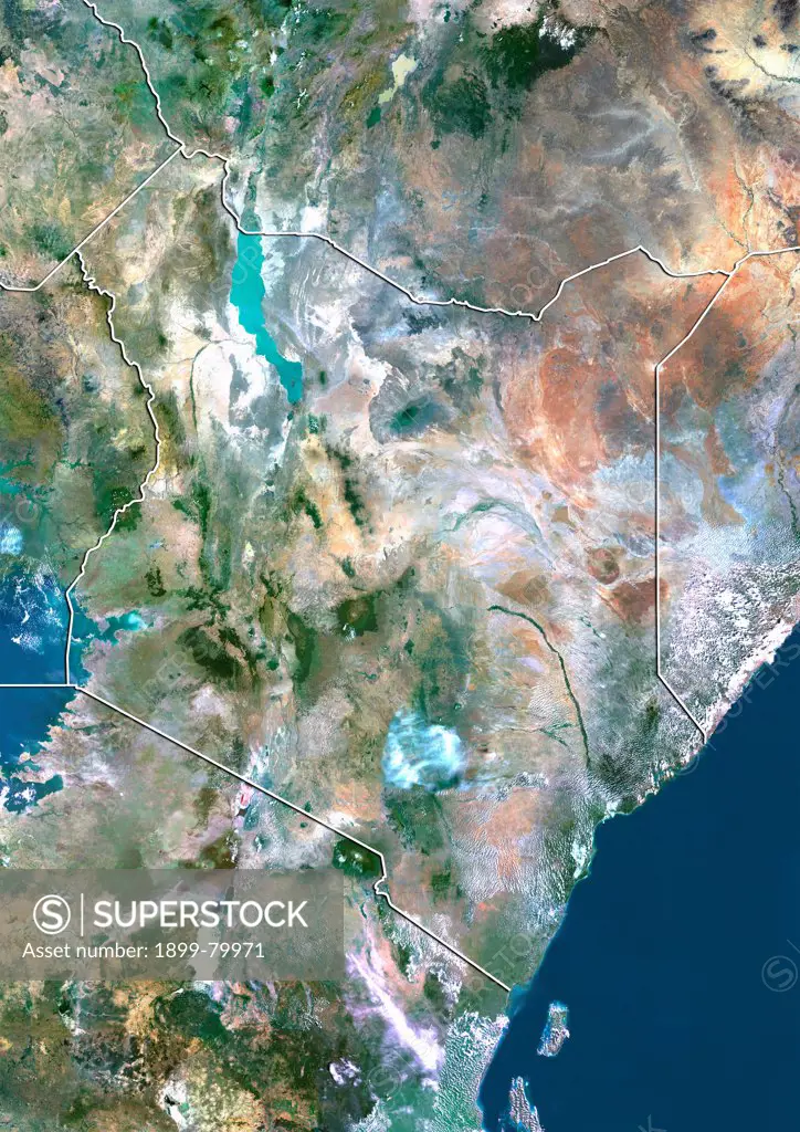 Satellite view of Kenya (with border). This image was compiled from data acquired by LANDSAT 5 & 7 satellites.