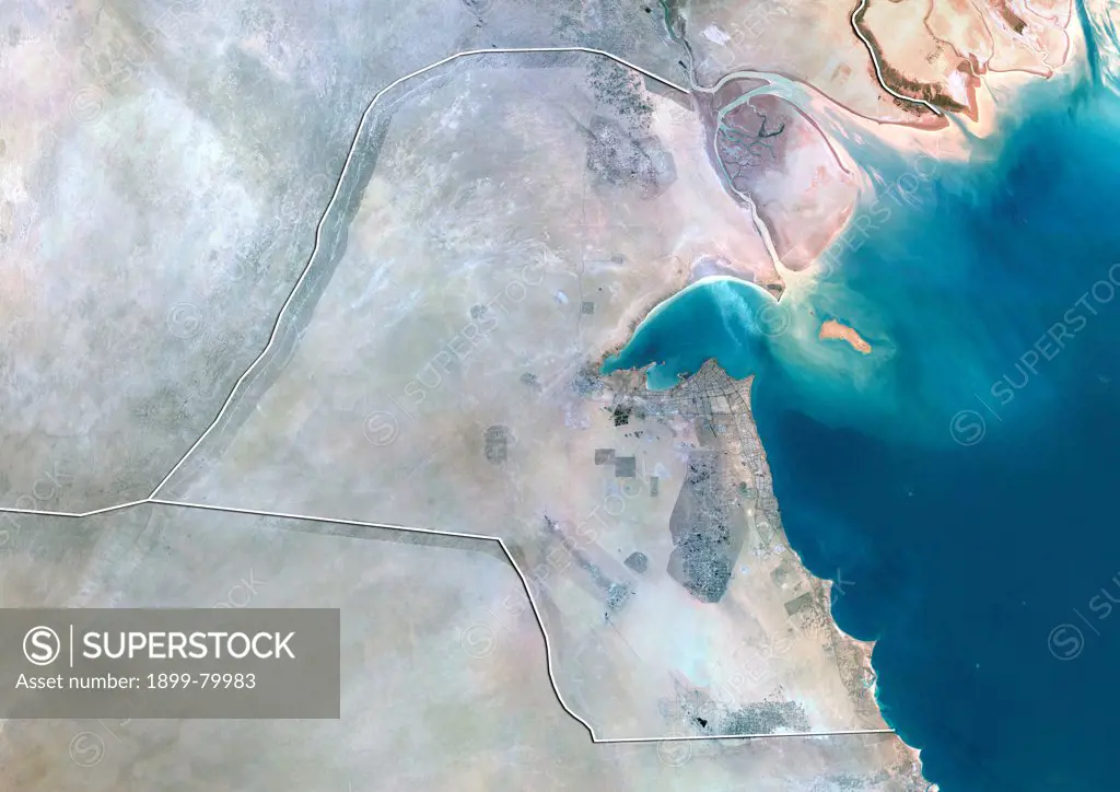 Satellite view of Kuwait (with border). This image was compiled from data acquired by LANDSAT 5 & 7 satellites.