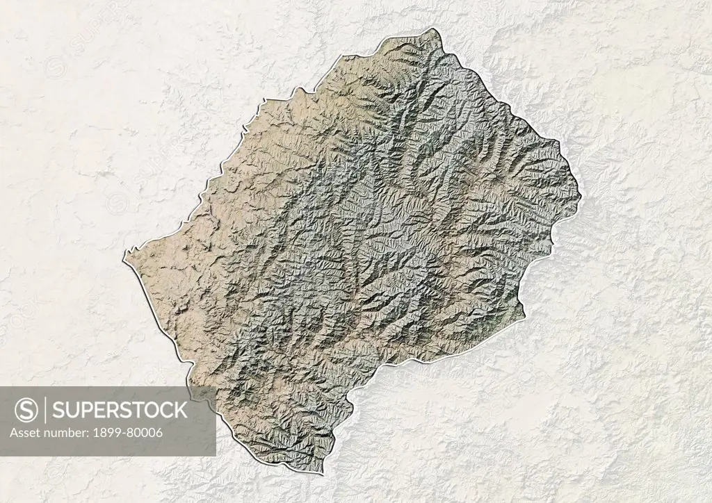 Relief map of Lesotho (with border and mask). This image was compiled from data acquired by landsat 5 & 7 satellites combined with elevation data.