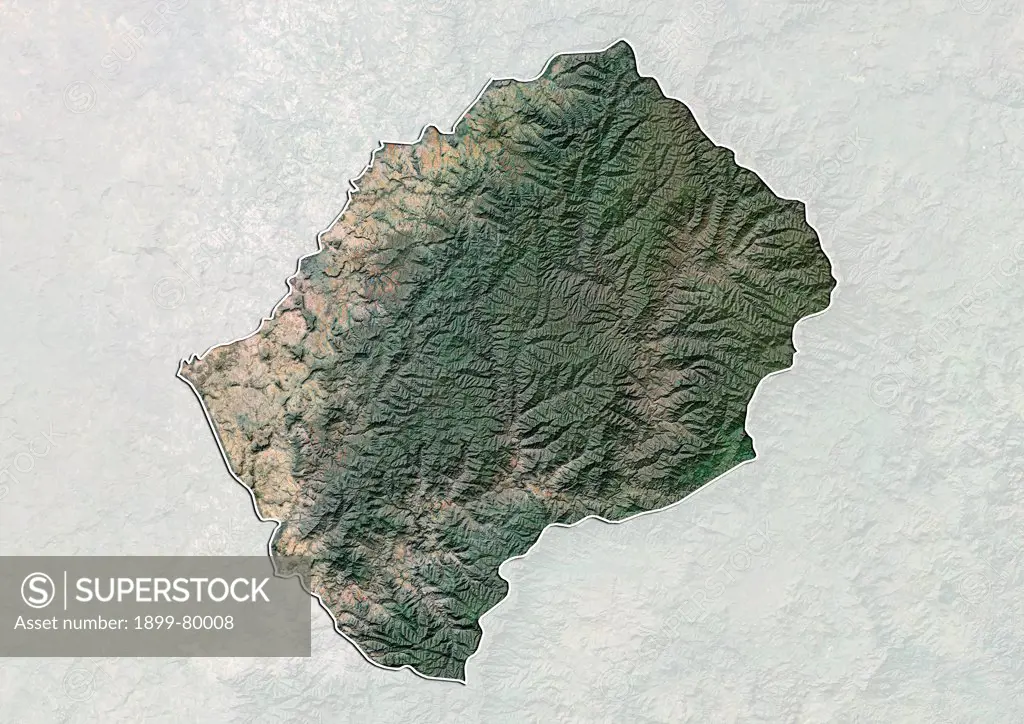 Satellite view of Lesotho with Bump Effect (with border and mask). This image was compiled from data acquired by LANDSAT 5 & 7 satellites.