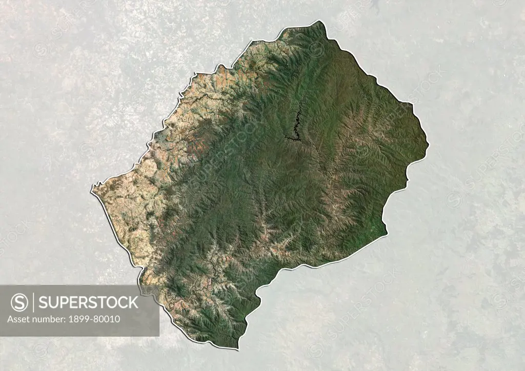 Satellite view of Lesotho (with border and mask). This image was compiled from data acquired by LANDSAT 5 & 7 satellites.