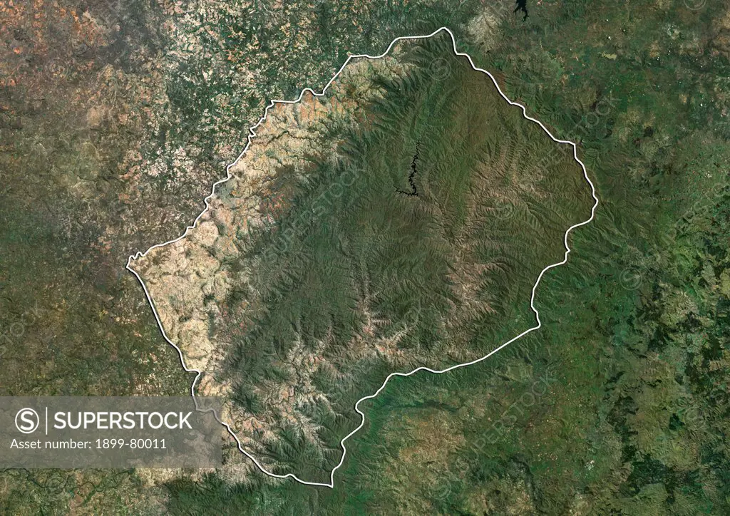 Satellite view of Lesotho (with border). This image was compiled from data acquired by LANDSAT 5 & 7 satellites.