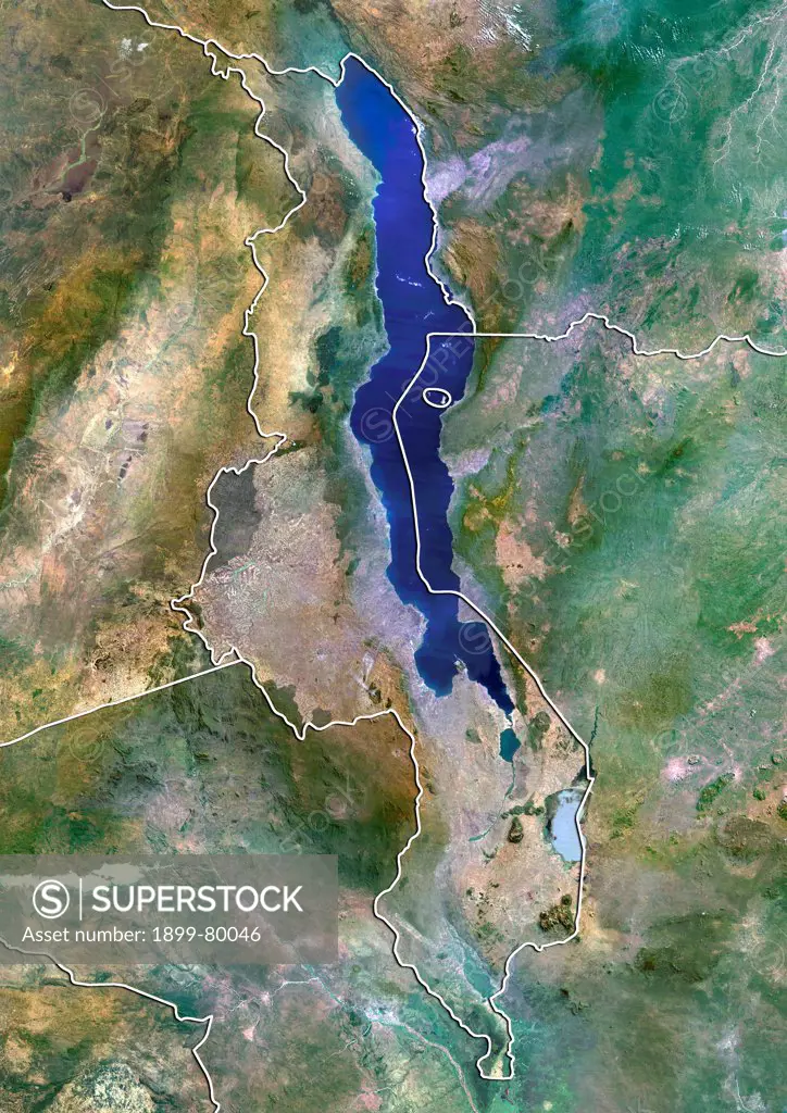 Satellite view of Malawi (with border). This image was compiled from data acquired by LANDSAT 5 & 7 satellites.