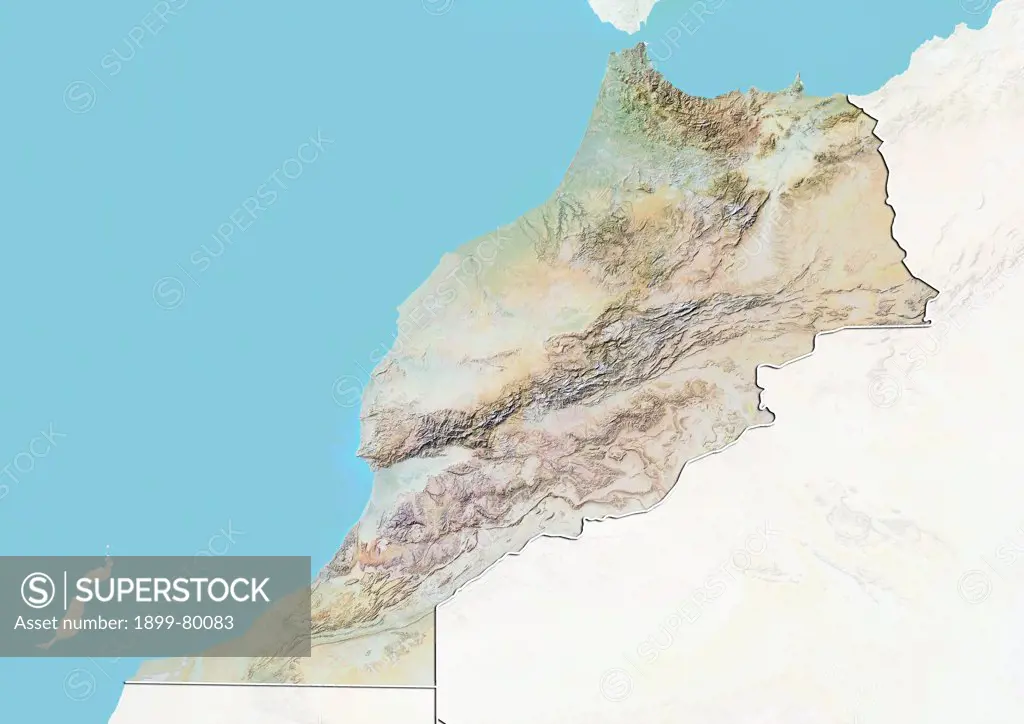 Relief map of Morocco (with border and mask). This image was compiled from data acquired by landsat 5 & 7 satellites combined with elevation data.