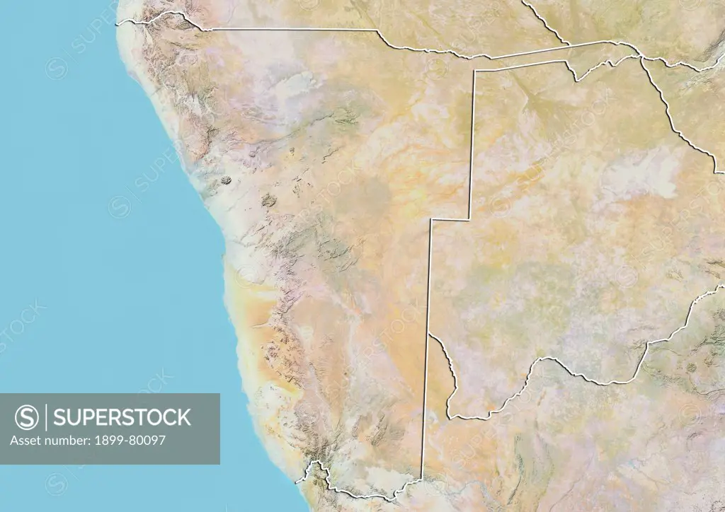 Relief map of Namibia (with border). This image was compiled from data acquired by LANDSAT 5 & 7 satellites combined with elevation data.