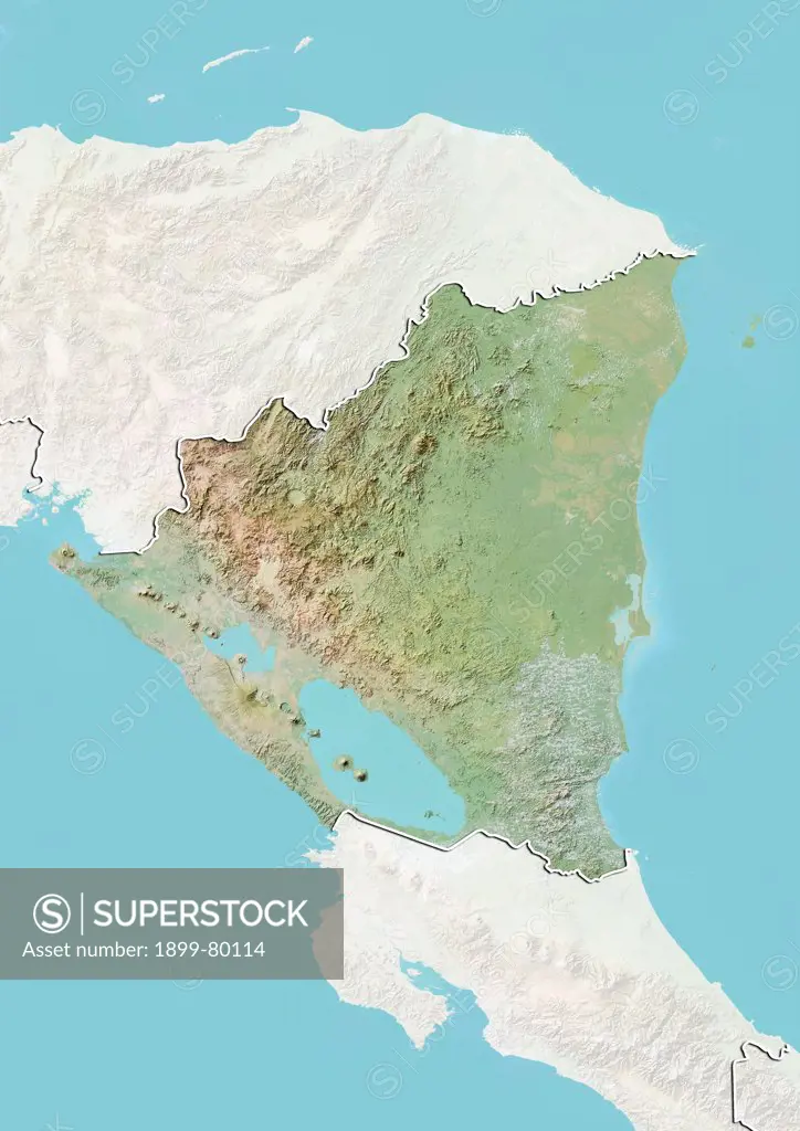 Relief map of Nicaragua (with border and mask). This image was compiled from data acquired by landsat 5 & 7 satellites combined with elevation data.