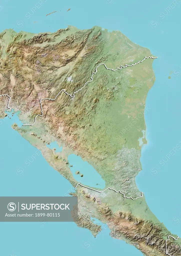 Relief map of Nicaragua (with border). This image was compiled from data acquired by LANDSAT 5 & 7 satellites combined with elevation data.