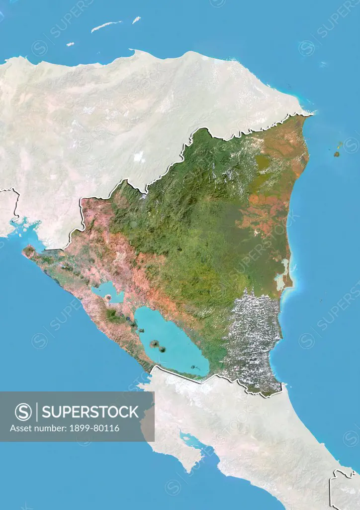 Satellite view of Nicaragua with Bump Effect (with border and mask). This image was compiled from data acquired by LANDSAT 5 & 7 satellites.