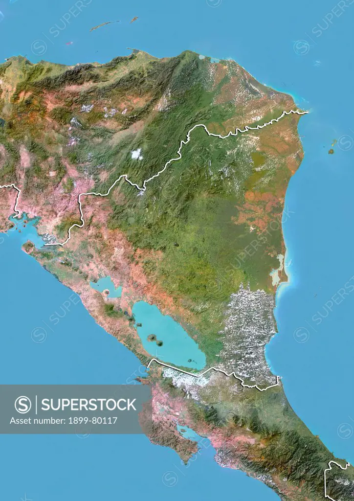 Satellite view of Nicaragua with Bump Effect (with border). This image was compiled from data acquired by LANDSAT 5 & 7 satellites.