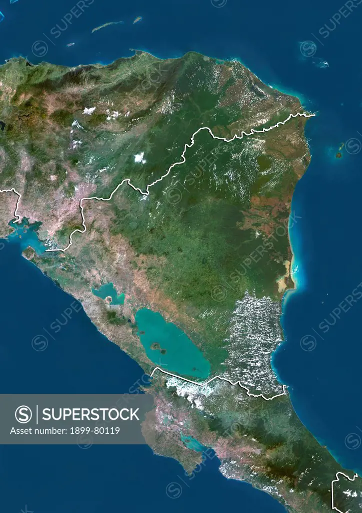 Satellite view of Nicaragua (with border). This image was compiled from data acquired by LANDSAT 5 & 7 satellites.