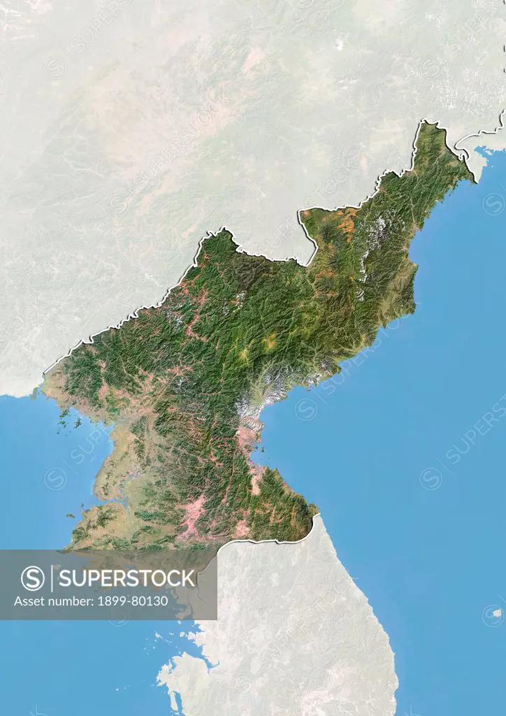 Satellite view of North Korea with Bump Effect (with border and mask). This image was compiled from data acquired by LANDSAT 5 & 7 satellites.