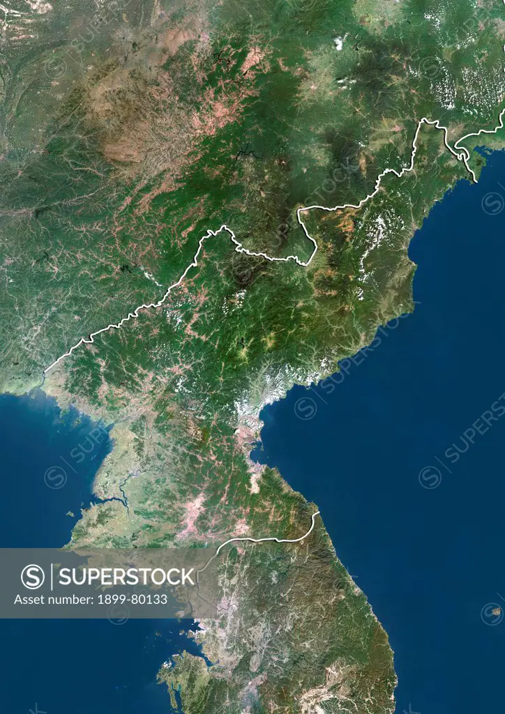 Satellite view of North Korea (with border). This image was compiled from data acquired by LANDSAT 5 & 7 satellites.