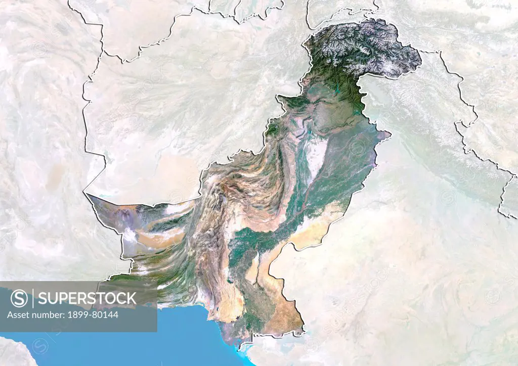 Satellite view of Pakistan with Bump Effect (with border and mask). This image was compiled from data acquired by LANDSAT 5 & 7 satellites.