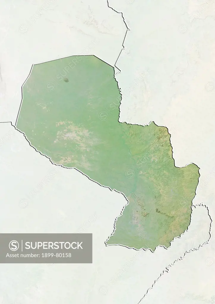 Relief map of Paraguay (with border and mask). This image was compiled from data acquired by landsat 5 & 7 satellites combined with elevation data.