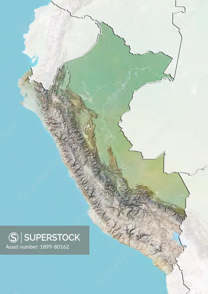 Relief map of Peru (with border and mask). This image was compiled from data acquired by landsat 5 & 7 satellites combined with elevation data.