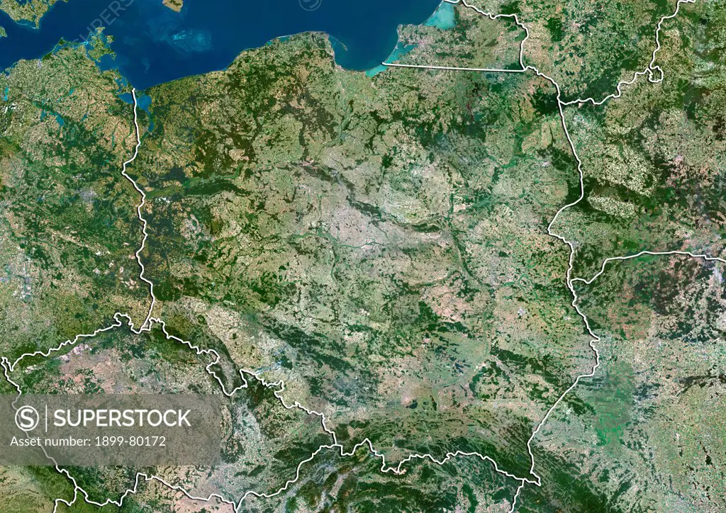 Satellite view of Poland (with border). This image was compiled from data acquired by LANDSAT 5 & 7 satellites.