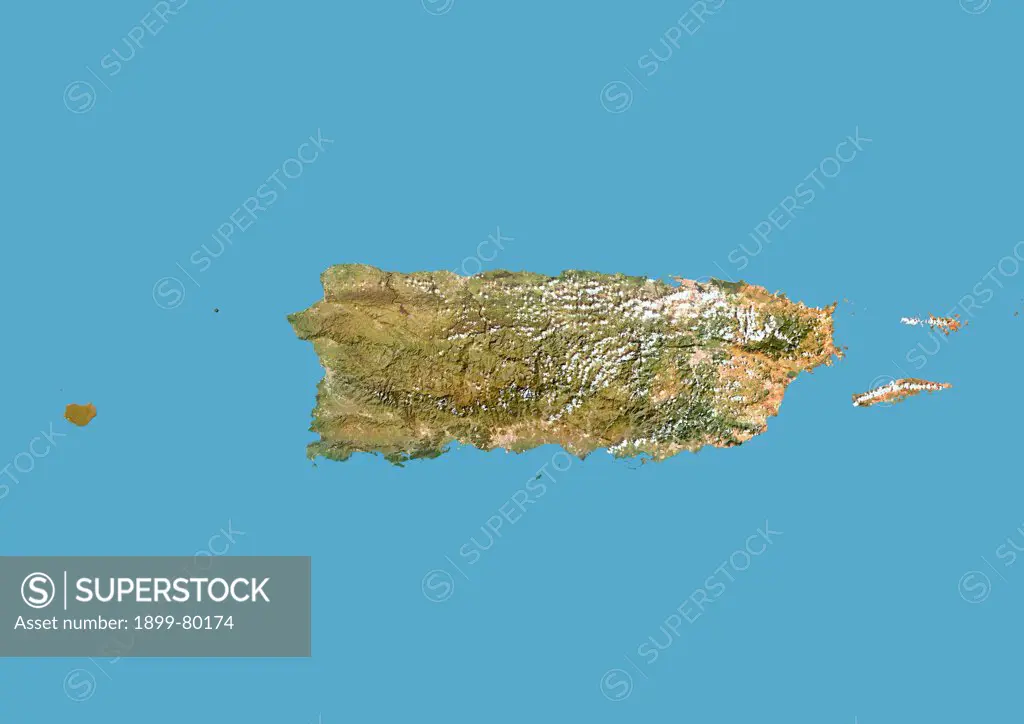 Satellite view of Puerto Rico with Bump Effect. This image was compiled from data acquired by LANDSAT 5 & 7 satellites.