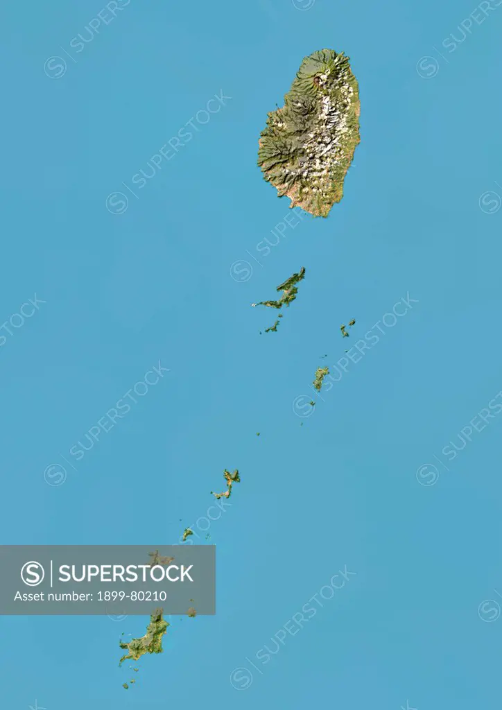 Satellite view of Saint Vincent and the Grenadines with Bump Effect (with border). This image was compiled from data acquired by LANDSAT 5 & 7 satellites.