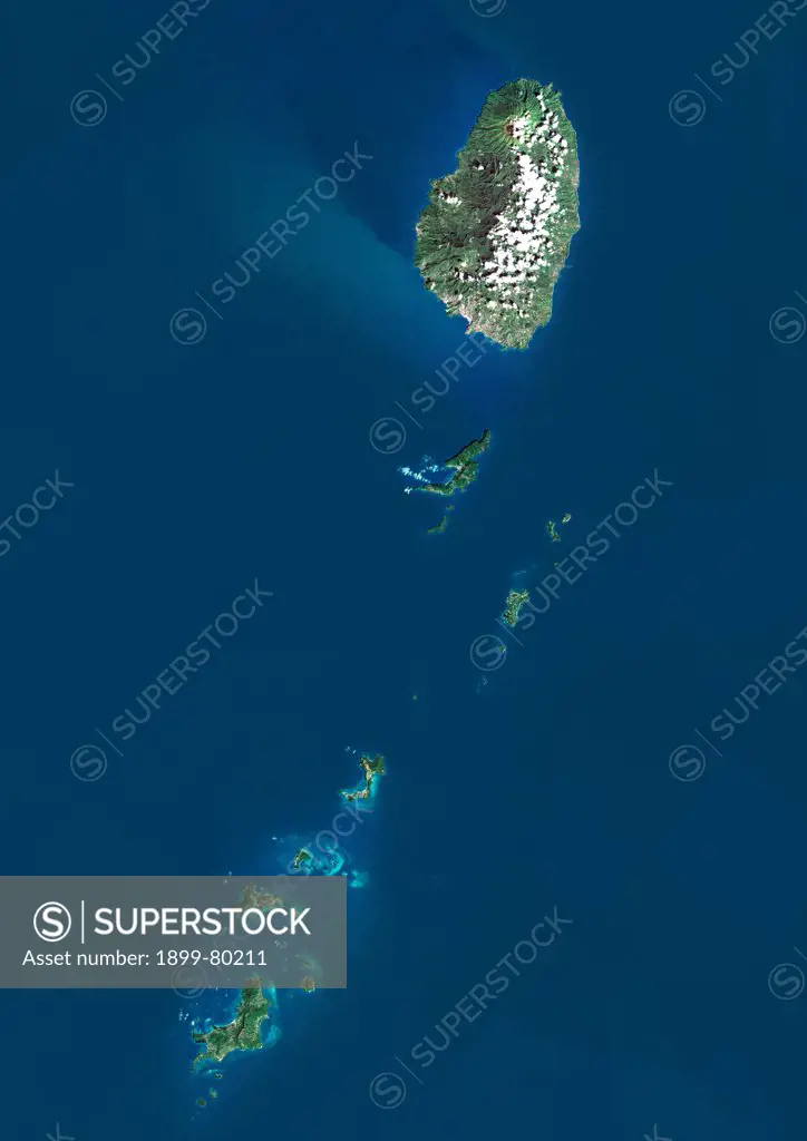 Satellite view of Saint Vincent and the Grenadines (with border). This image was compiled from data acquired by LANDSAT 5 & 7 satellites.