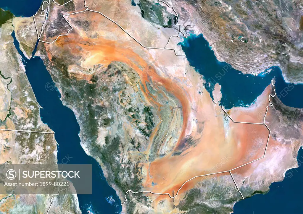 Satellite view of Saudi Arabia (with border). This image was compiled from data acquired by LANDSAT 5 & 7 satellites.
