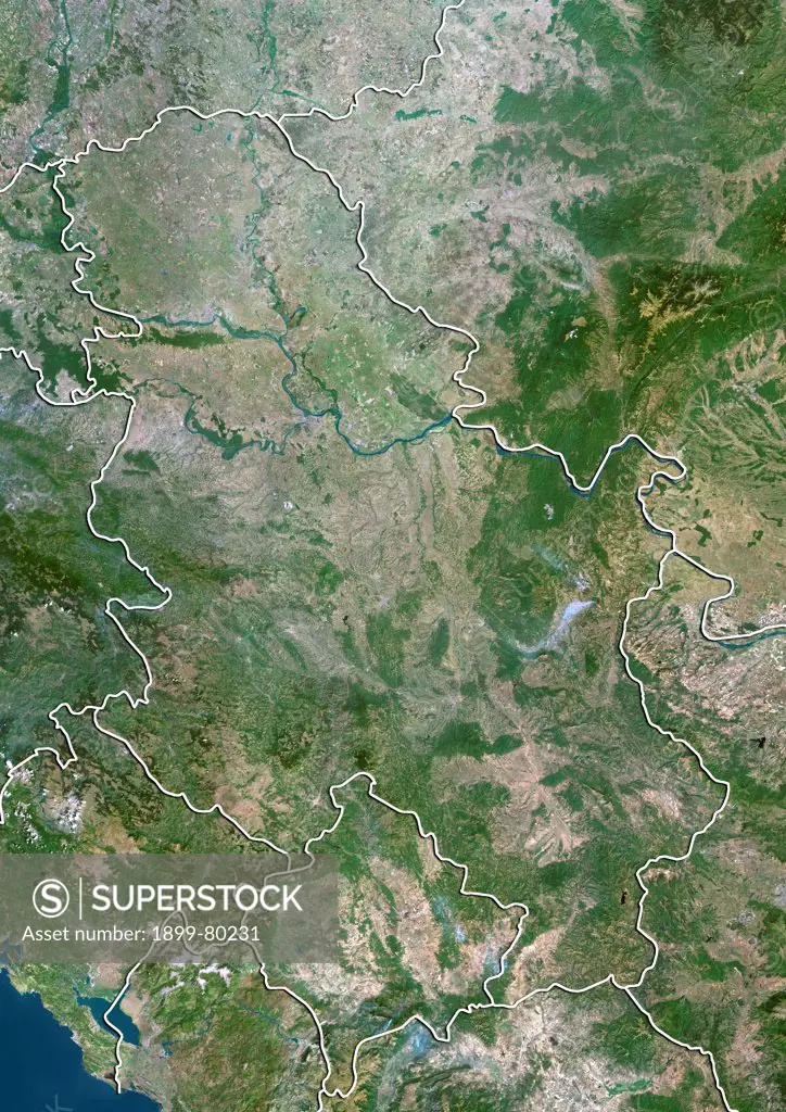 Satellite view of Serbia (with border). This image was compiled from data acquired by LANDSAT 5 & 7 satellites.