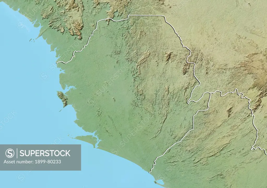 Relief map of Sierra Leone (with border). This image was compiled from data acquired by LANDSAT 5 & 7 satellites combined with elevation data.