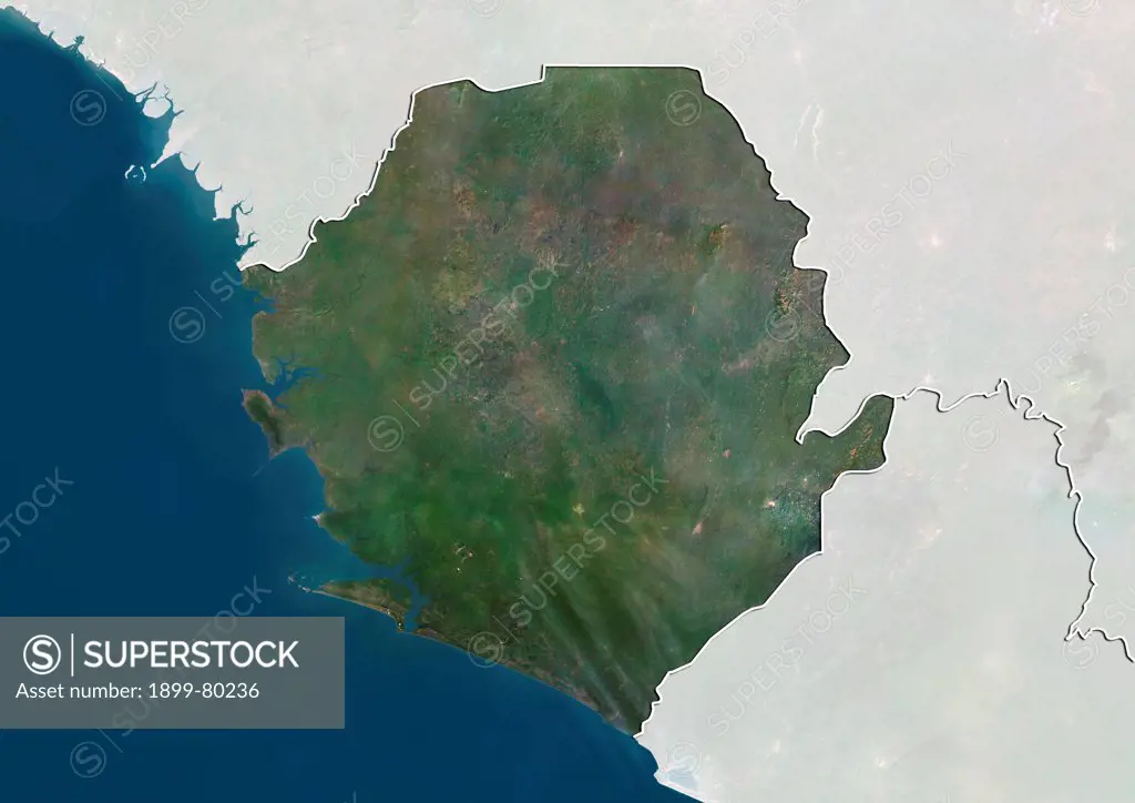 Satellite view of Sierra Leone (with border and mask). This image was compiled from data acquired by LANDSAT 5 & 7 satellites.