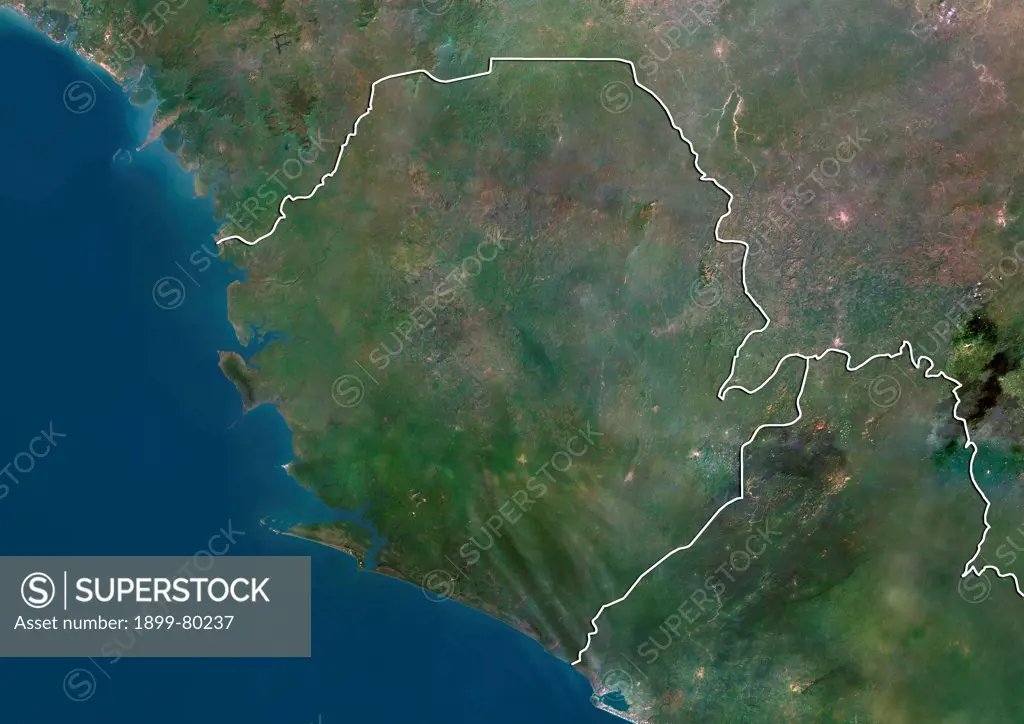 Satellite view of Sierra Leone (with border). This image was compiled from data acquired by LANDSAT 5 & 7 satellites.