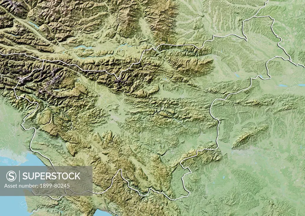 Relief map of Slovenia (with border). This image was compiled from data acquired by LANDSAT 5 & 7 satellites combined with elevation data.