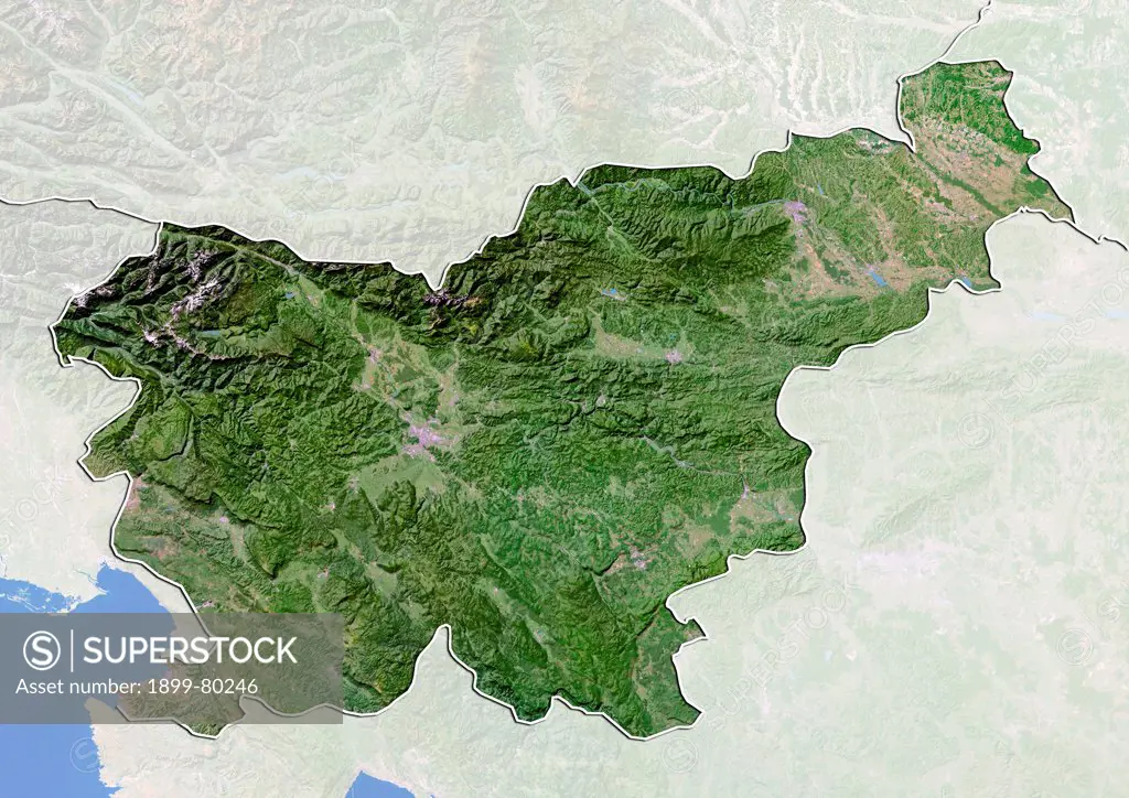 Satellite view of Slovenia with Bump Effect (with border and mask). This image was compiled from data acquired by LANDSAT 5 & 7 satellites.