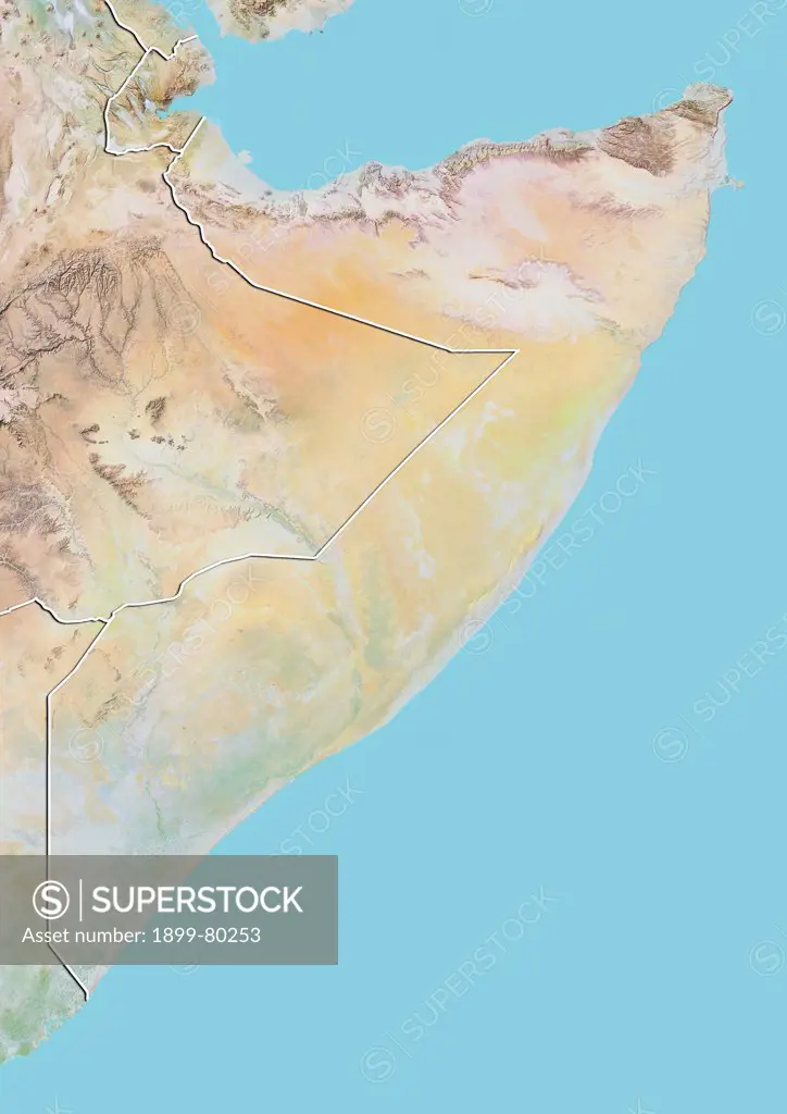Relief map of Somalia (with border). This image was compiled from data acquired by LANDSAT 5 & 7 satellites combined with elevation data.