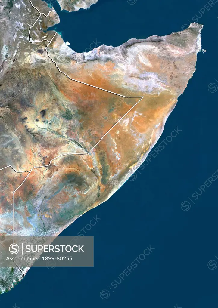 Satellite view of Somalia (with border). This image was compiled from data acquired by LANDSAT 5 & 7 satellites.