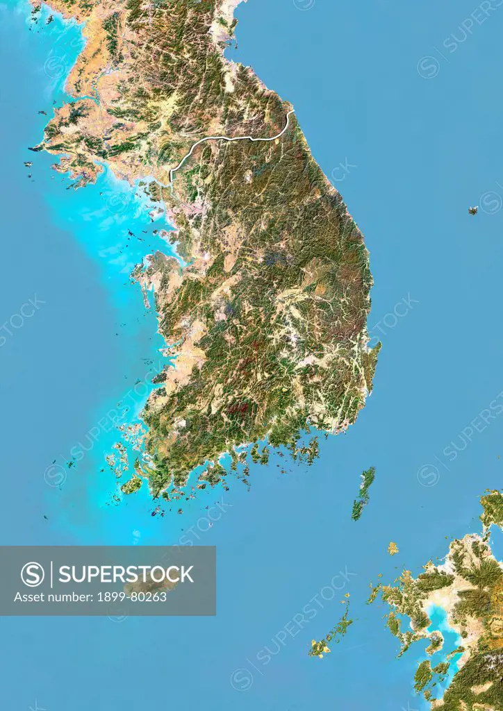 Satellite view of South Korea with Bump Effect (with border). This image was compiled from data acquired by LANDSAT 5 & 7 satellites.