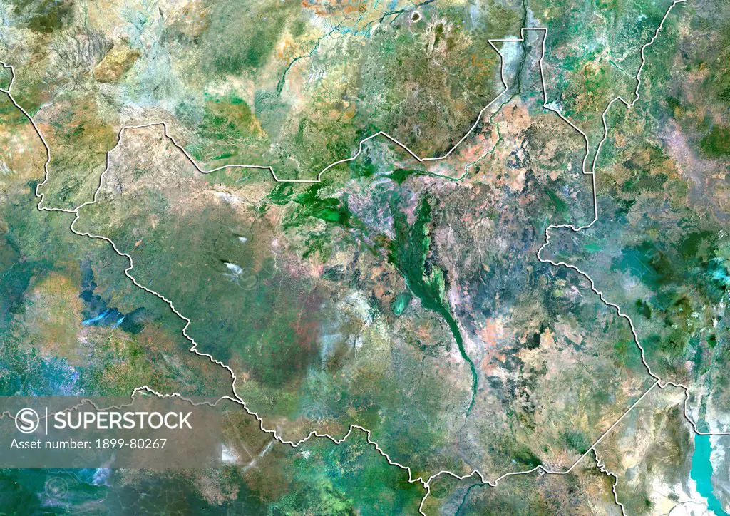 Satellite view of South Sudan (with border). This image was compiled from data acquired by LANDSAT 5 & 7 satellites.