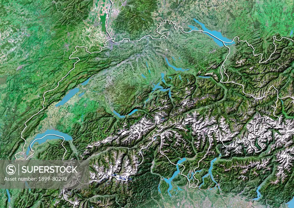 Satellite view of Switzerland with Bump Effect (with border). This image was compiled from data acquired by LANDSAT 5 & 7 satellites.