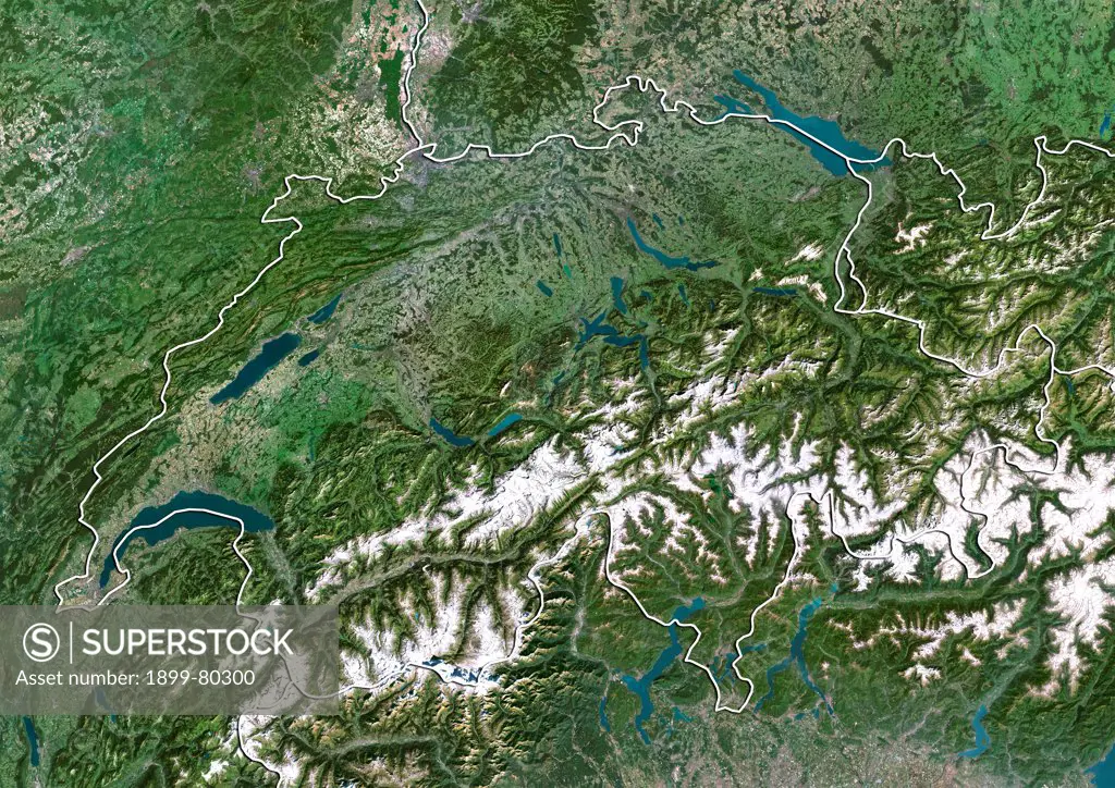 Satellite view of Switzerland (with border). This image was compiled from data acquired by LANDSAT 5 & 7 satellites.