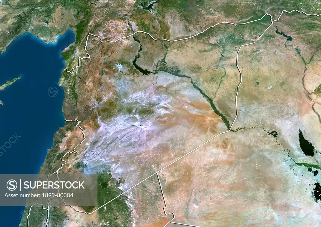 Satellite view of Syria (with border). This image was compiled from data acquired by LANDSAT 5 & 7 satellites.