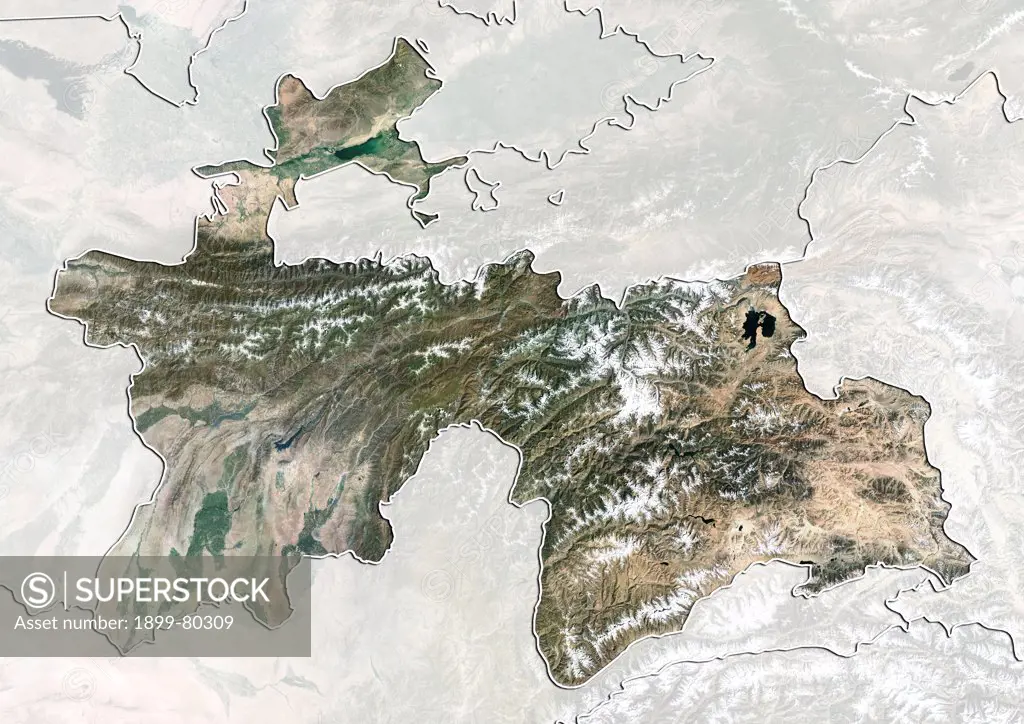 Satellite view of Tajikistan (with border and mask). This image was compiled from data acquired by LANDSAT 5 & 7 satellites.