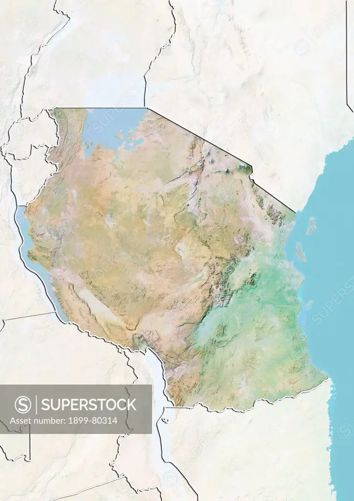 Relief map of Tanzania (with border and mask). This image was compiled from data acquired by landsat 5 & 7 satellites combined with elevation data.