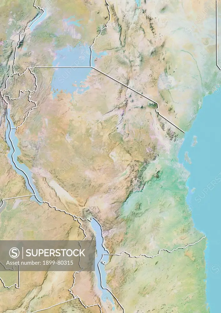 Relief map of Tanzania (with border). This image was compiled from data acquired by LANDSAT 5 & 7 satellites combined with elevation data.