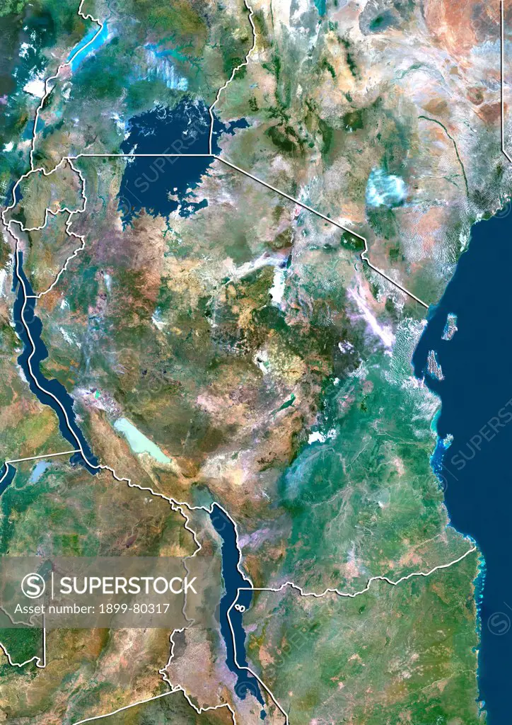 Satellite view of Tanzania (with border). This image was compiled from data acquired by LANDSAT 5 & 7 satellites.
