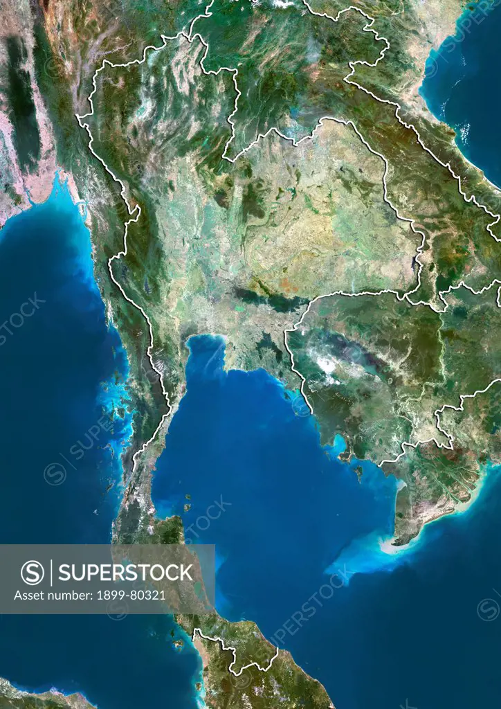 Satellite view of Thailand (with border). This image was compiled from data acquired by LANDSAT 5 & 7 satellites.